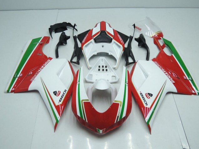 Aftermarket White and Red with Green Stripe 07-12 Ducati 848 1098 1198 Motorcycle Fairings Sale Aftermarket White and Red with Green Stripe 07-12 Ducati 848 1098 1198 Motorcycle Fairings Sale